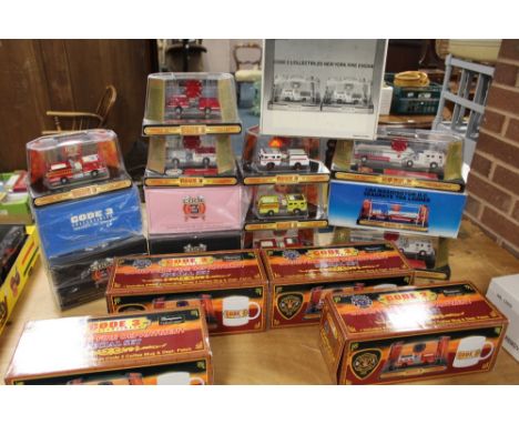 EIGHTEEN BOXED CODE 3 COLLECTABLE FIRE ENGINES, to include Louisville, Bedford Park, San Francisco, Hoffman Estates, all 1:64