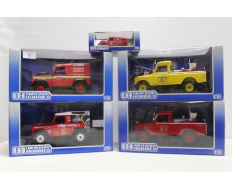 A COLLECTION OF UNIVERSAL HOBBIES DIE CAST LAND ROVER FIRE VEHICLES, mainly 1:18 scale