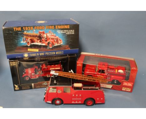 FOUR BOXED FIRE ENGINES TO INCLUDE FRANKLIN MINT 1938 FORD 1:32 SCALE, Sun Star Chevrolet C20 a:18 scale, 1935 Mack Type 75BX