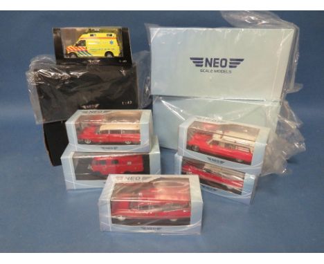 EIGHT BOXED NEO EMERGENCY SERVICES VEHICLES, to include L911 Mercedes Metz fire truck, Mercedes ladder fire engine 1959 etc, 