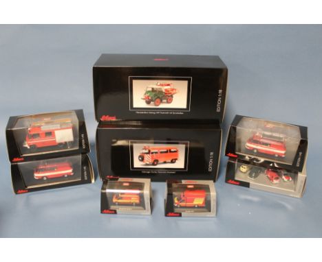 EIGHT BOXED SCHUCO EMERGENCY SERVICES VEHICLES, to include Mercedes Benz Unimog U401 and VWTZA Bus, both 1:18 scale