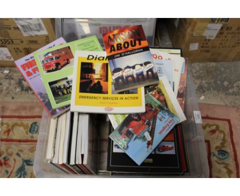 A BOX CONTAINING APPROXIMATELY FORTY FIRE ENGINE HERITAGE / HISTORY BOOKS, mainly paperbacks with a few hardbacks
