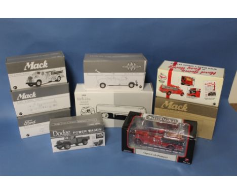 NINE BOXED FIRST GEAR VEHICLES - MAINLY FIRE RELATED, 1:34 scale, to include a LaFrance open cab pumper and Mack L pumper