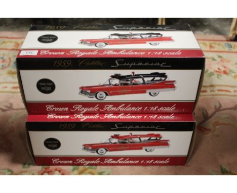A PAIR OF BOXED PRECISION MINIATURES 1:18 SCALE 1959 CHICAGO FIRE DEPARTMENT CROWN ROYAL AMBULANCES