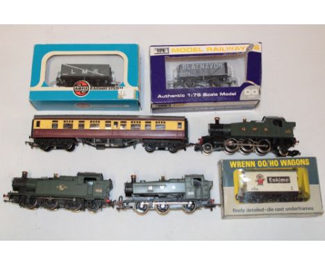 Three various 00 gauge GWR tank locomotives including Lima etc, three boxed goods wagons and an unboxed carriage