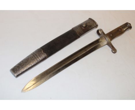 A 19th century Enfield bayonet with 12" shortened single edged blade in steel mounted leather shortened scabbard (af)