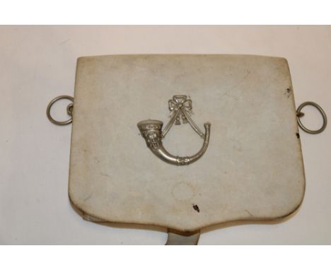A white leather volunteer's document pouch of the 2nd Cornwall Rifle Volunteers with white metal strung bugle badge marked to