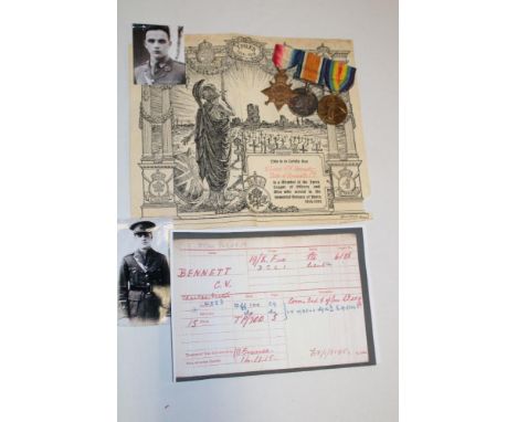 A 1914/15 star trio of medals awarded to Lieut. C. V. Bennett 6th Bn. DCLI:- 1914/15 Star No. 6188 Pte. C. V. Bennett  R. Fus