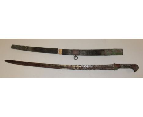 A 19th century Russian Cossack-style sword with 29½" single edged blade and wire-bound brass hilt in brass mounted leather sc