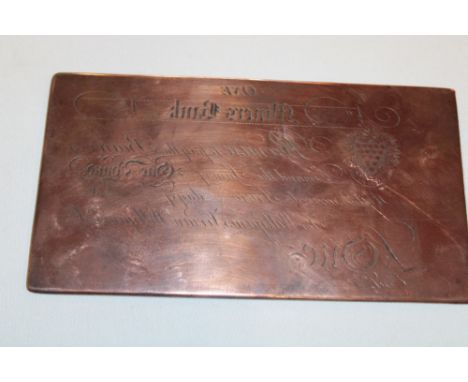 An original early 19th century Cornish mining copper bank note printing plate with engraved Cornwall shield "One Miner's Bank