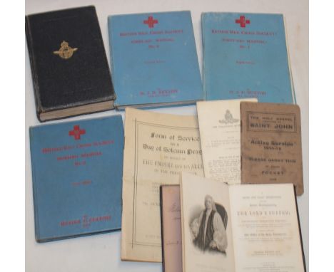 A First War Active Service Holy Gospel book, RAF Holy Bible Service Edition, three Second War British Red Cross Society First