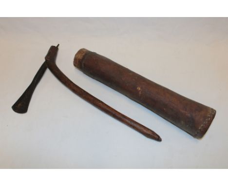 An old African rustic axe with 6" tapered blade and an old tribal wooden arrow quiver (2)