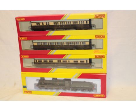 Hornby 00 gauge - R3170 GWR "Adderley Hall" locomotive and tender, mint/boxed and three mint/boxed GWR coaches (4)