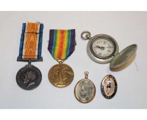 A First War pair of medals awarded to No. 29890 Pte.J.J. Kelly Cheshire Regiment together with a First War pocket compass, Fu