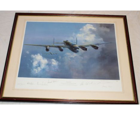 A coloured limited-edition aircraft print "Lancaster" after Frank Wootton, signed by the artist and six other RAF signatures 
