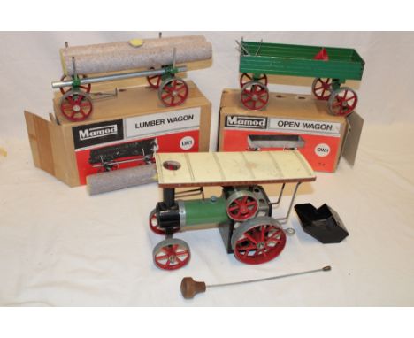A Mamod TE1A steam traction engine together with a boxed Mamod OW1 open wagon and boxed Mamod LW1 lumber wagon (3)