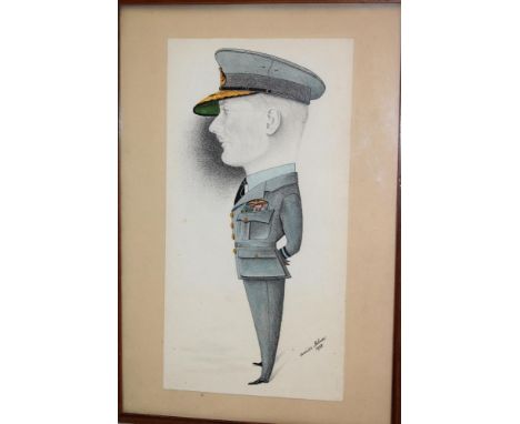 A watercolour caricature portrait of Air Chief Marshall Sir Norman Bottomley by Amies Milner dated 1938, 10" x 5½" and two re