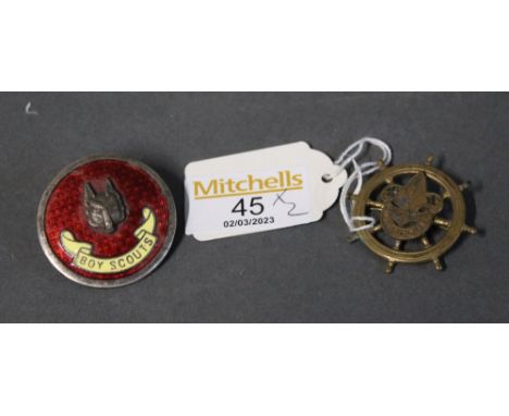 Vintage enamel Boy Scouts badge marked to the rear, Collins, London, and Boy Scouts badge in the form of a shipswheel