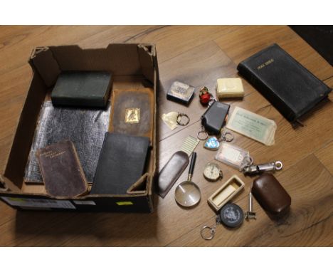 Dictionaries, bibles, compass, folding spectacles, key rings etc  