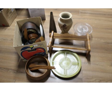 Two boxes of vases, cake stand, wooden bowls, mantle clock, decorative plates etc