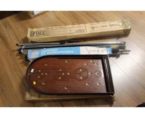 Projector screen, microphone stand and bagatelle board