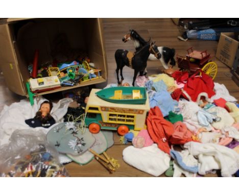 Box of vintage Sindy dolls, dolls clothing, Sindy horses, Playmobil and other children's toys 