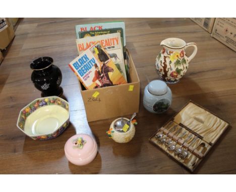 Black Beauty annuals, Apostle spoons, decorative vases, jugs and Clarice Cliff Celtic Harvest preserve pot 