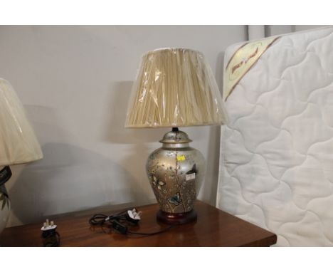 Ceramic lamp decorated with butterflies and with pleated shade  
