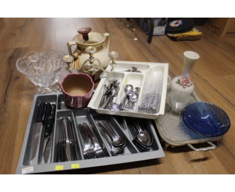 Glass vase, flowerpots, ceramic jug, candlestick and two trays of cutlery etc   