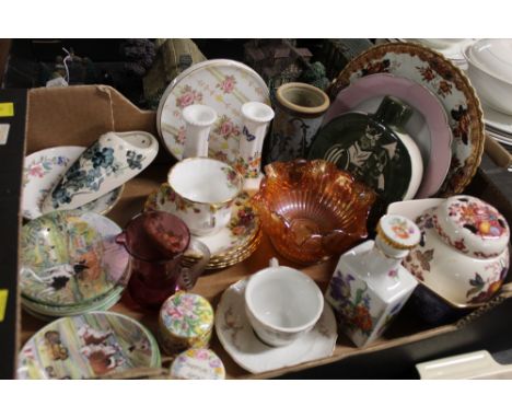 Decorative china plates, teacups, saucers, candlestick holders, Carnival Glass bowl etc 