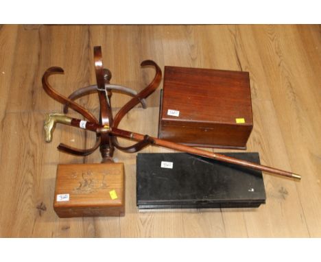 Wooden boxes, metal document box, bentwood wall mounted coat rack and brass topped walking stick 