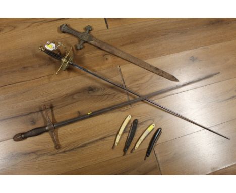 Two vintage swords, cutthroat razors etc.  This bladed products are not for sale to people under the age of 18. By bidding on