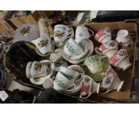 China plates, cups, saucers and teapots, to include Royal Ascot Strawberry pattern and Royal Albert Lady Carlyle