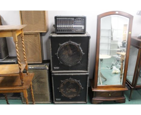 Pair of Scott Sound System speaker cabinets and PV XR684 stereo powered mixer