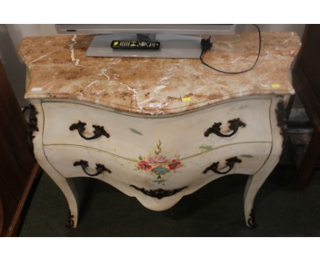French style white painted marble topped commode chest, height 85 cm, width 95 cm, depth 60 cm