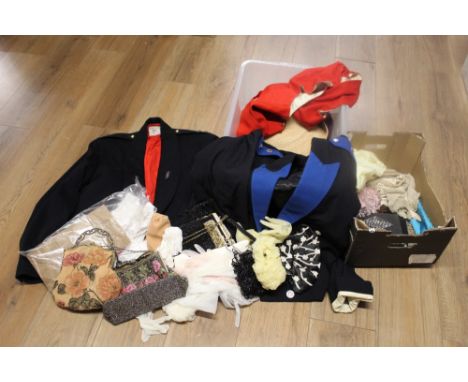 Two boxes of vintage clothes, hats, handbags and accessories to include military uniform and beaded purses  