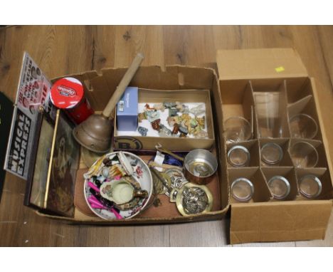 Box of horse brasses, Wade Whimsies, ceramic bowls and ornaments, brass posser and box of Eden Brewery pint glasses   