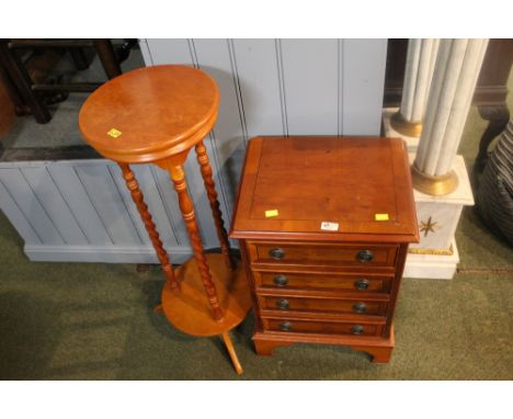 Small yew effect four flight chest of drawers and plant stand with barley twist supports