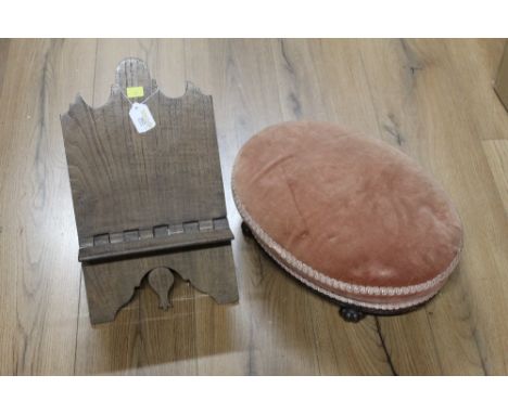 Folding wooden book stand and velvet topped footstool 