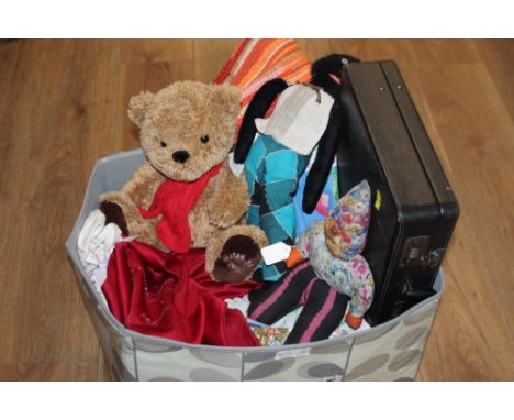 Rag rug, vintage children's clothes, Fraser Bear, Golly Teddy and briefcase 