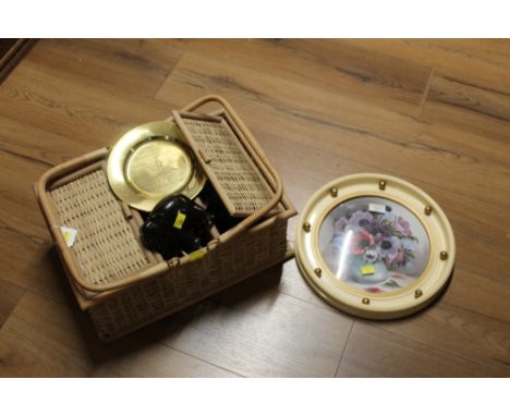 Wicker hamper containing brass plate for Workington, elephant figure, coasters and round picture of flowers 