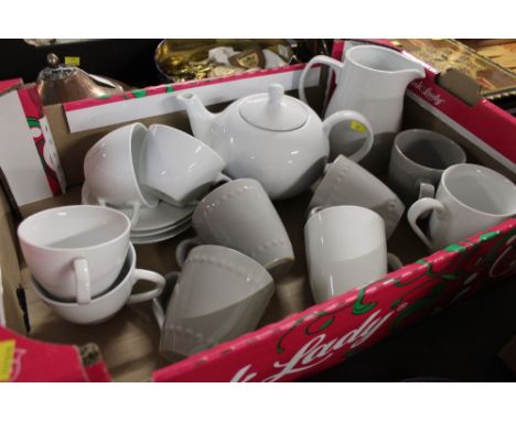 Box of oversized white and grey teapot, mugs, cups and saucers etc 