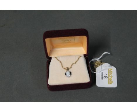 9 ct gold pendant set with opal, sapphire and diamond mounted on 9 ct gold chain, overall weight 3 grams 