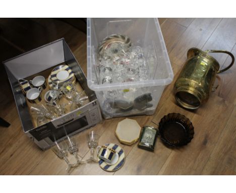 Two boxes of glassware, teacups and saucers, carriage clock and brass coal scuttle 