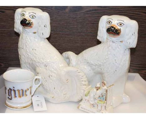 GOOD LOT OF VICTORIAN AND OTHER CERAMICS
comprising a pair of Staffordshire wally dogs, majolica cup decorated with the messa