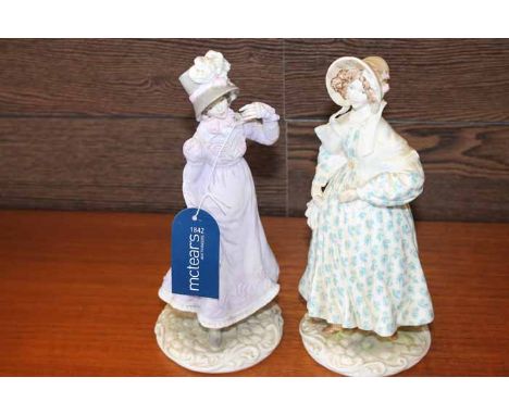 TWO ROYAL WORCESTER FIGURES
of '1818: The Regency' and '1830: The Romantic'; together with a blue ceramic table lamp of ovifo