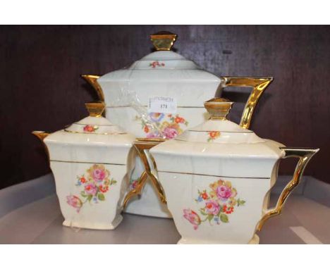 CZECHOSLOVAKIAN TEAPOT, SUGAR AND CREAM JUG
with flower decoration 