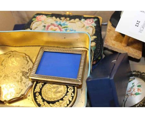 LOT OF COLLECTABLES
including vintage compacts, tapestry purse, etc