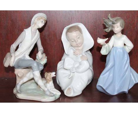 LLADRO FIGURE OF A MAN WITH A DOG
together with a Nao figure of a baby and a Nao figure of a girl with a dove (3)