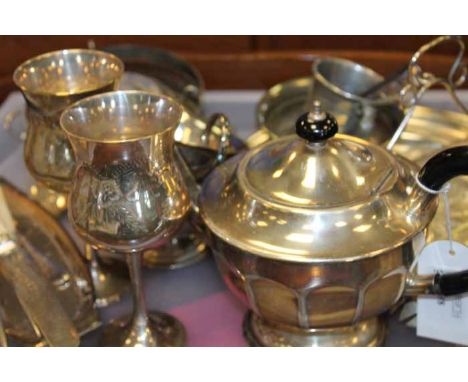 THREE PIECE SHEFFIELD SILVER PLATED TEA SET
comprising a teapot, sugar and cream, of lobed form, together with other silver p